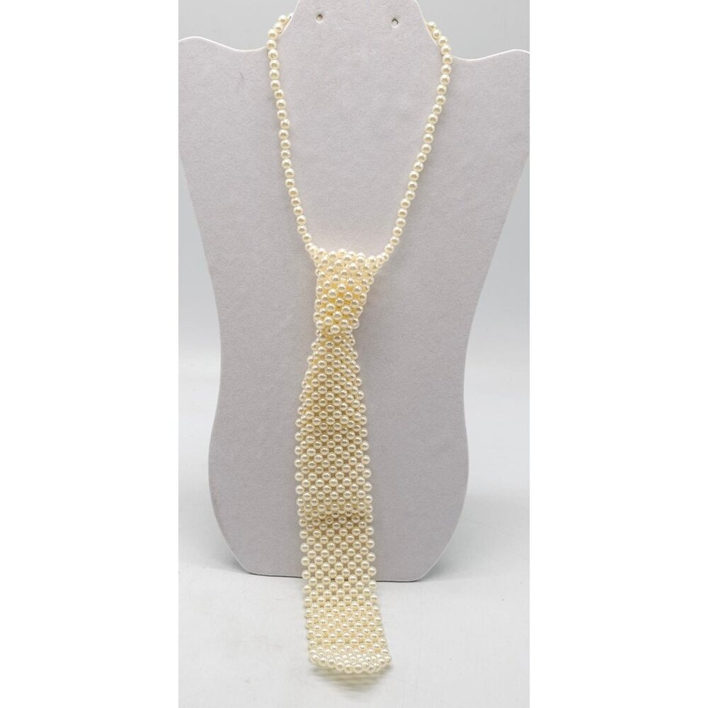 Vintage Beaded Faux Pearl Tie Necklace 15" With Gold Tone Clasp